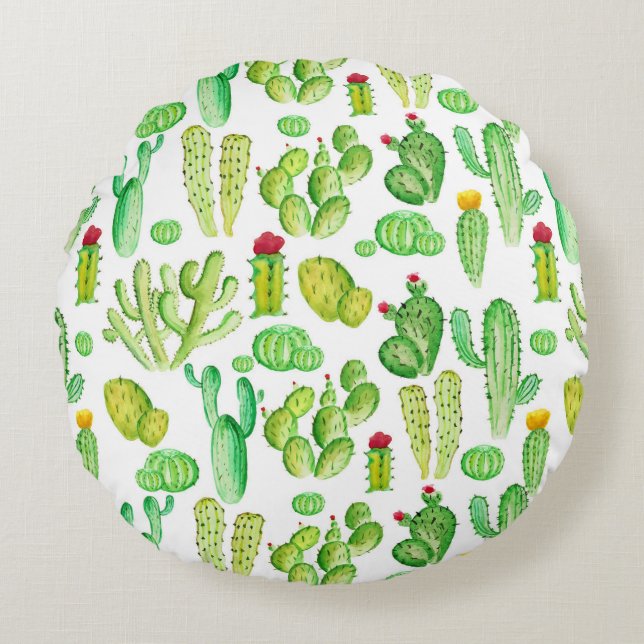 Watercolor Cacti Round Pillow (Front)
