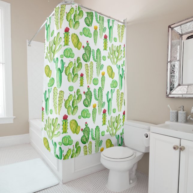Watercolor Cacti Shower Curtain (In Situ)