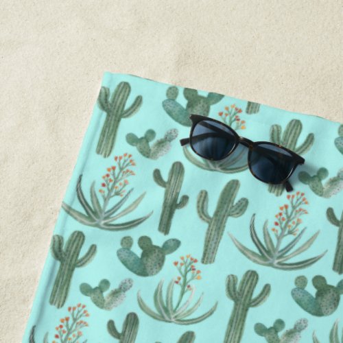 Watercolor Cacti  Succulents Summer Fun Beach Towel