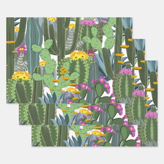 Watercolor Cactus and Cactus Flowers  Wrapping Paper Sheets (Set)