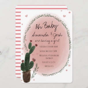Watercolor Cactus and Hearts Greenery Baby Shower Invitation