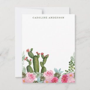 Watercolor Cactus and Pink Flowers Personalized Note Card