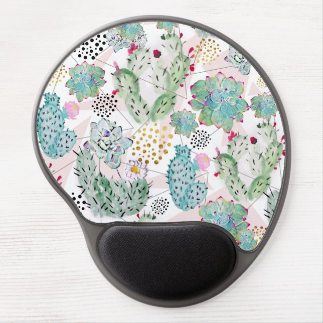 watercolor cactus and triangles pattern gel mouse pad (Front)