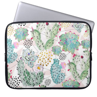 watercolor cactus and triangles pattern laptop sleeve