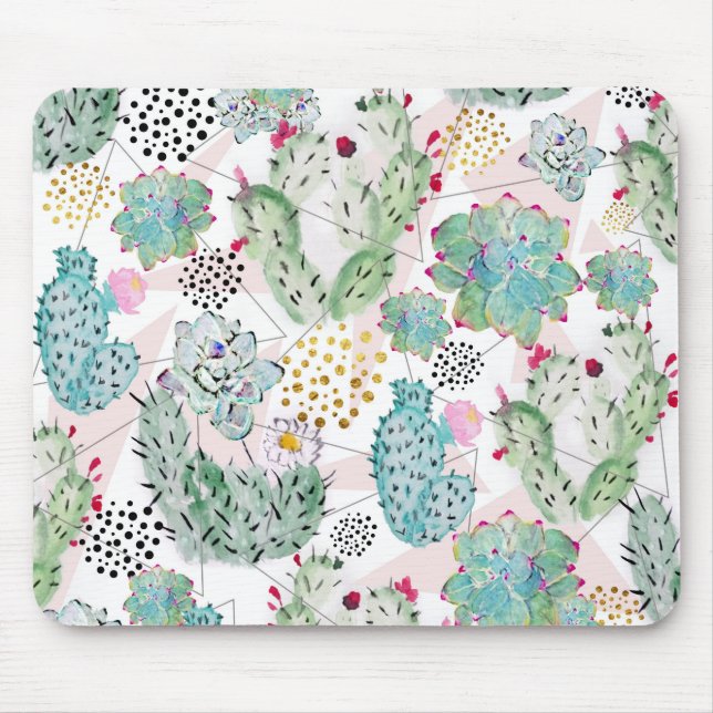 watercolor cactus and triangles pattern mouse pad (Front)