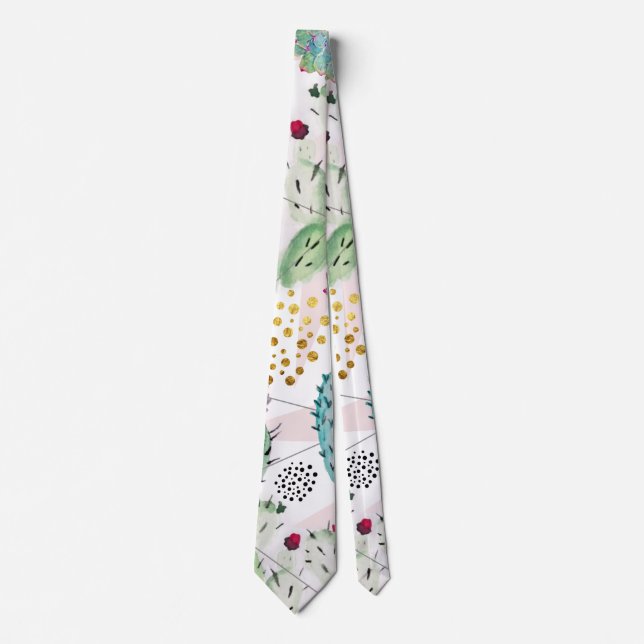 watercolor cactus and triangles pattern neck tie (Front)