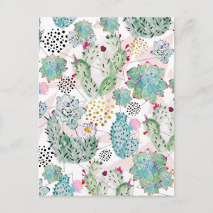 watercolor cactus and triangles pattern postcard