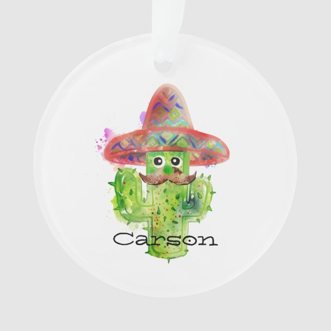 Watercolor Cactus Art Mustache Sombrero Eyes Text  Ornament (Front)