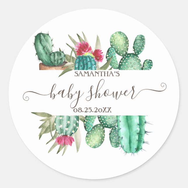 Watercolor Cactus Baby Shower   Classic Round Sticker (Front)