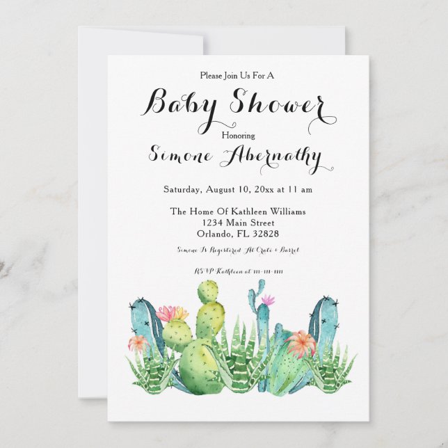 Watercolor Cactus Baby Shower Invitation (Front)