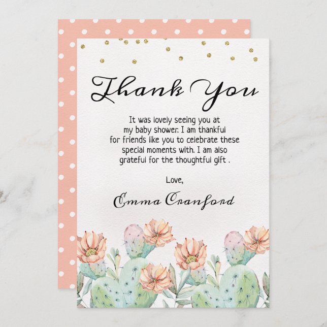 Watercolor Cactus Baby Shower Thank You Card (Front/Back)