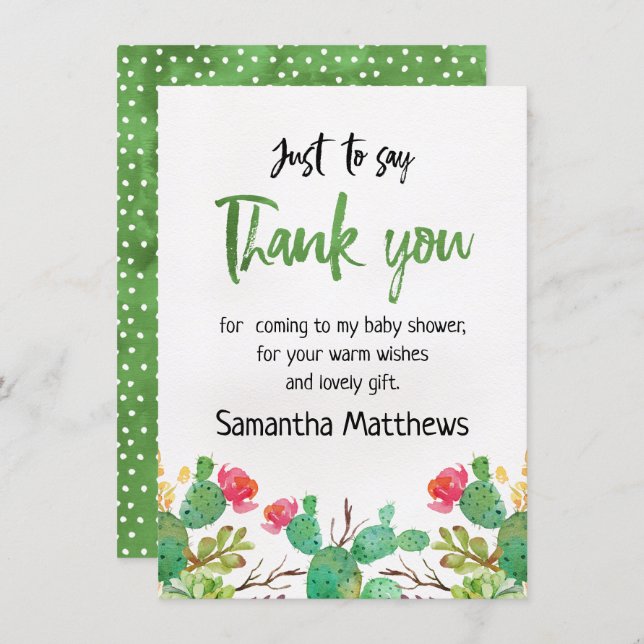 watercolor Cactus Baby Shower Thank You Card (Front/Back)