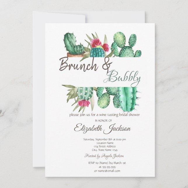 Watercolor Cactus Brunch & Bubbly Invitation (Front)