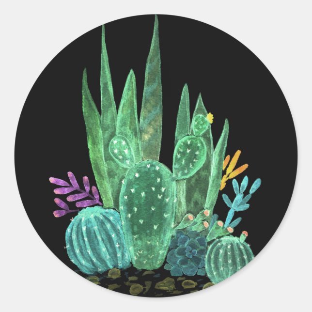 Watercolor, cactus classic round sticker (Front)
