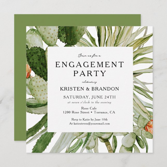 Watercolor Cactus Desert Engagement Party Invitati Invitation (Front/Back)