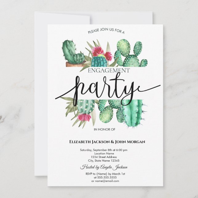 Watercolor Cactus Dots Engagement   Invitation (Front)