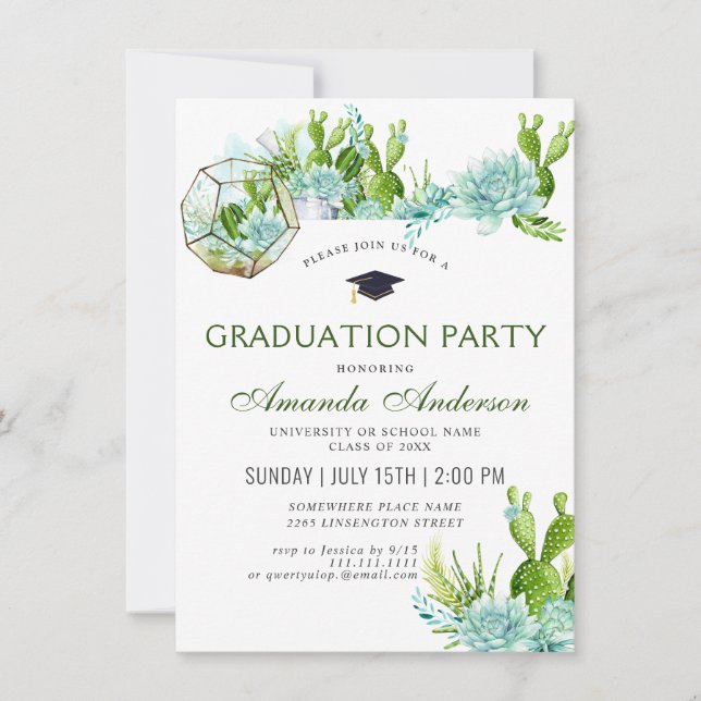 Watercolor Cactus Eucalyptus Graduation Party Invitation (Front)