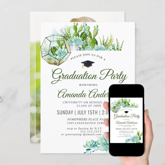 Watercolor Cactus Eucalyptus PHOTO Graduation Invitation | Zazzle