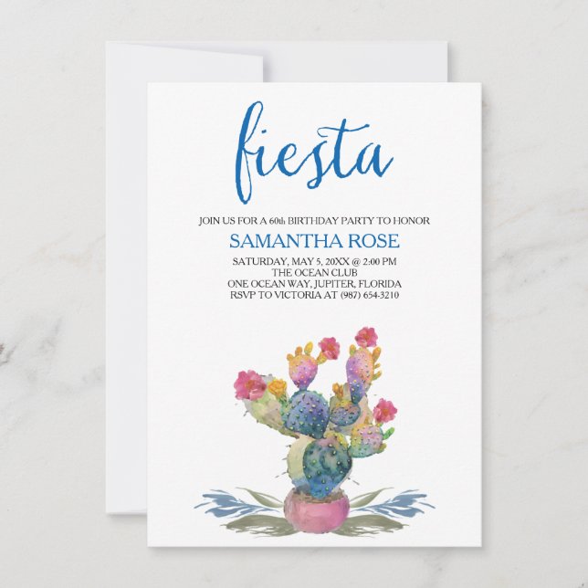 Watercolor Cactus Fiesta 60th Birthday Party Invitation (Front)