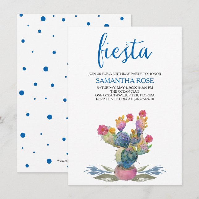 Watercolor Cactus Fiesta Birthday Party Invitation (Front/Back)