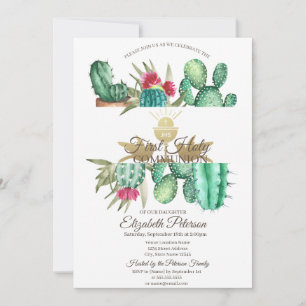 Watercolor Cactus First Holy Communion Invitation