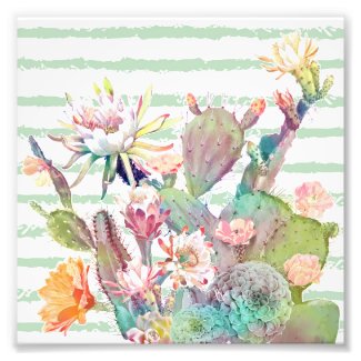 Watercolor cactus, floral and stripes design photo print