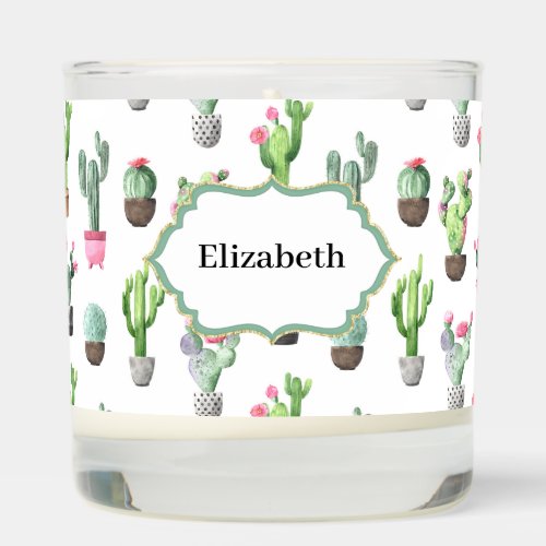 Watercolor cactus floral pots modern name pattern scented candle