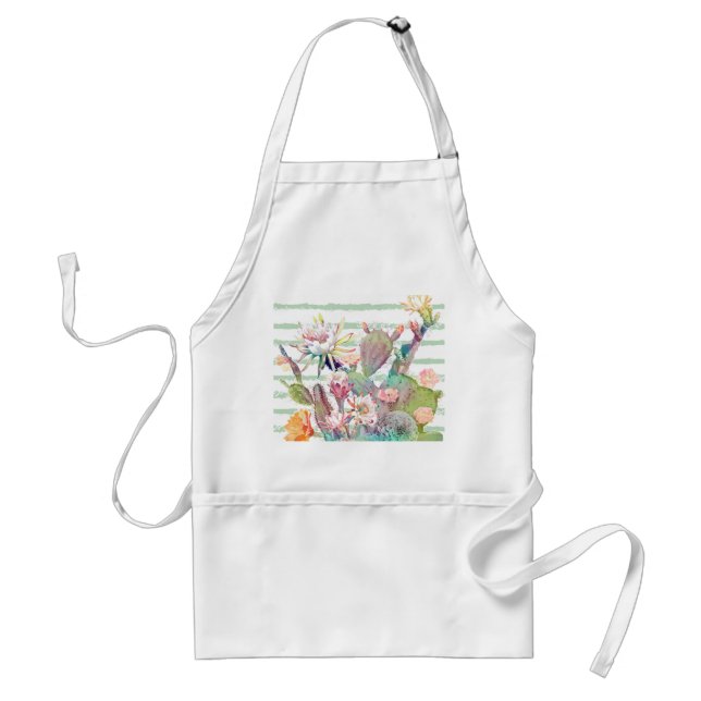 Watercolor Cactus Floral Stripes Design Adult Apron (Front)