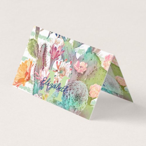 Watercolor Cactus Floral Stripes Design Business Card