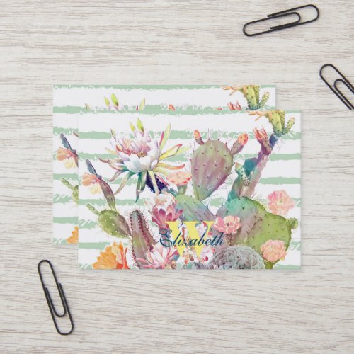 Watercolor Cactus Floral Stripes Design Business Card