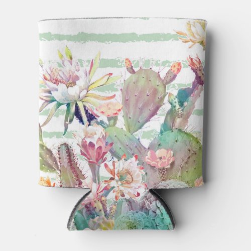 Watercolor Cactus Floral Stripes Design Can Cooler