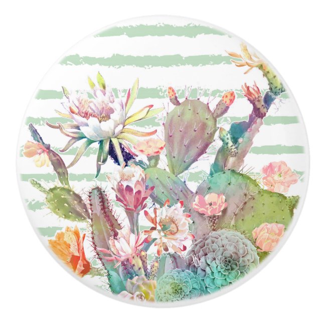 Watercolor Cactus Floral Stripes Design Ceramic Knob (Front)