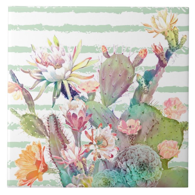 Watercolor Cactus Floral Stripes Design Ceramic Tile (Front)