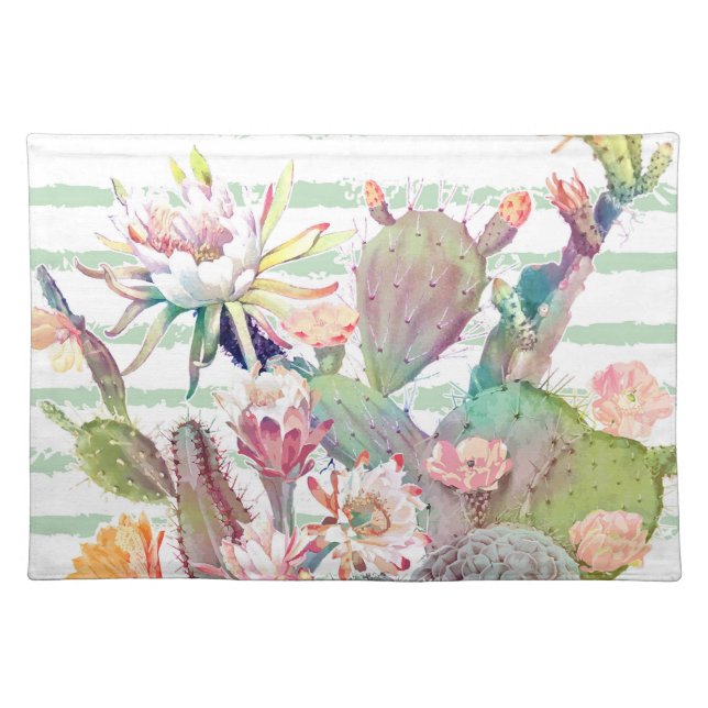 Watercolor Cactus Floral Stripes Design Cloth Placemat (Front)