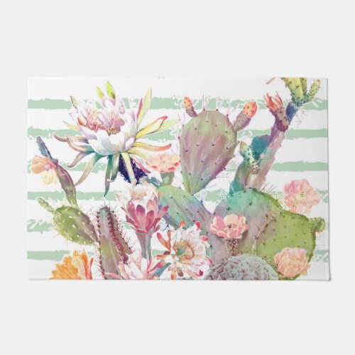 Watercolor Cactus Floral Stripes Design Doormat