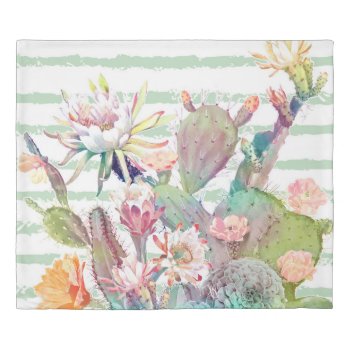 Watercolor Cactus Floral Stripes Design Duvet Cover by InovArtS at Zazzle