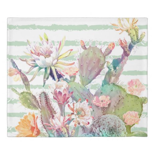 Watercolor Cactus Floral Stripes Design Duvet Cover