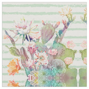 Watercolor Cactus Floral Stripes Design Fabric