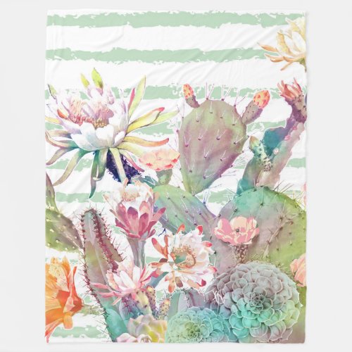 Watercolor Cactus Floral Stripes Design Fleece Blanket