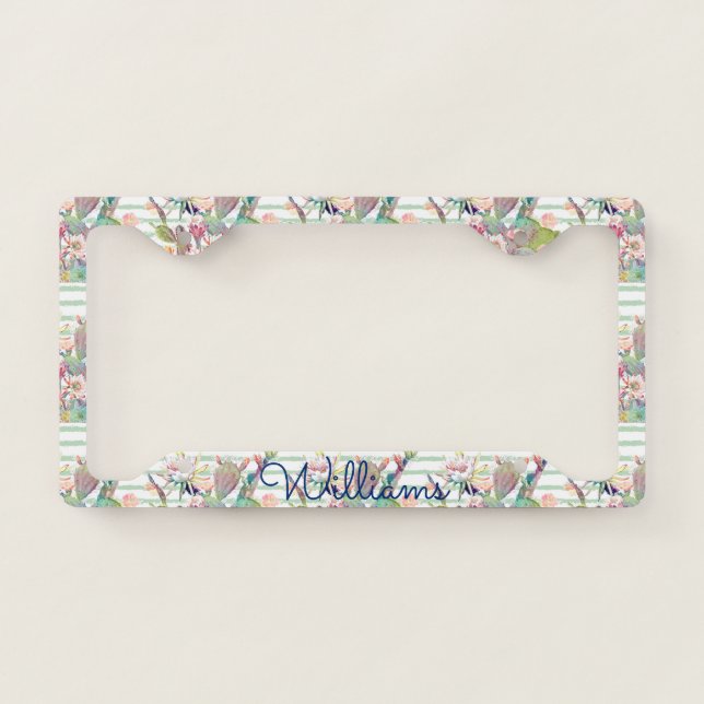 Watercolor Cactus Floral Stripes Design License Plate Frame (Front)