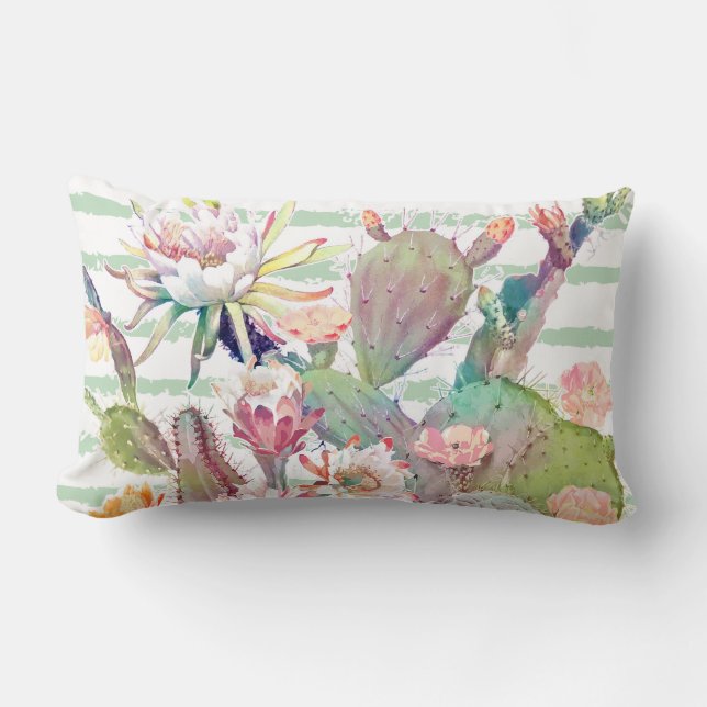 Watercolor Cactus Floral Stripes Design Lumbar Pillow (Front)