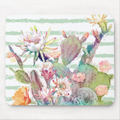 Watercolor Cactus Floral Stripes Design Mouse Pad