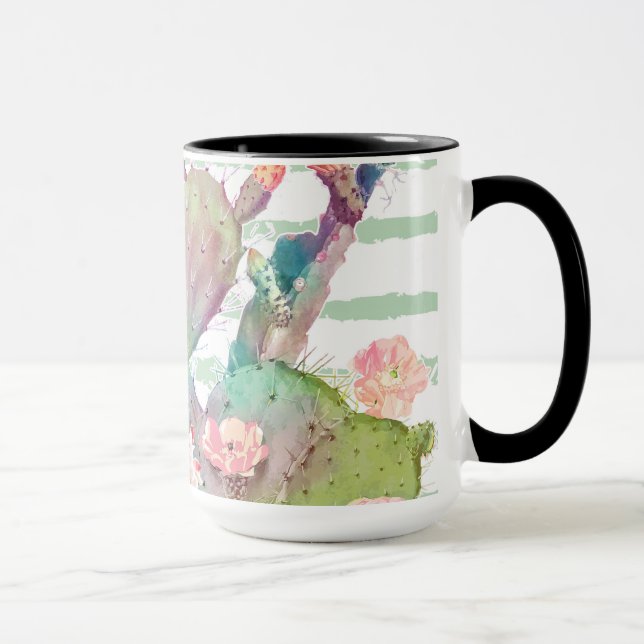 Watercolor Cactus Floral Stripes Design Mug (Right)
