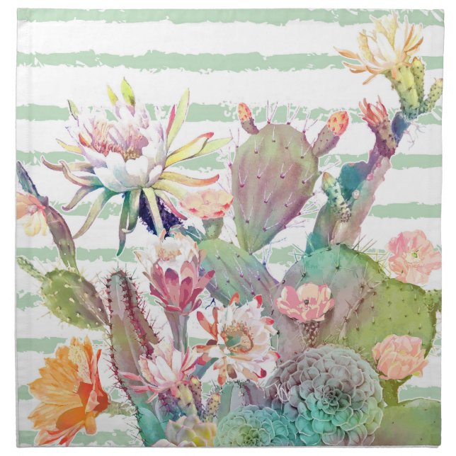 Watercolor Cactus Floral Stripes Design Napkin (Front)