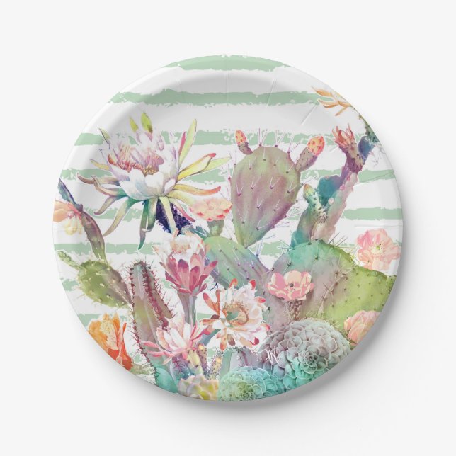 Watercolor Cactus Floral Stripes Design Paper Plates (Front)