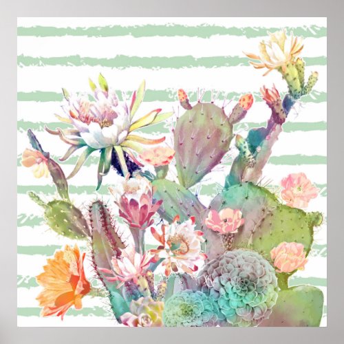 Watercolor Cactus Floral Stripes Design Poster