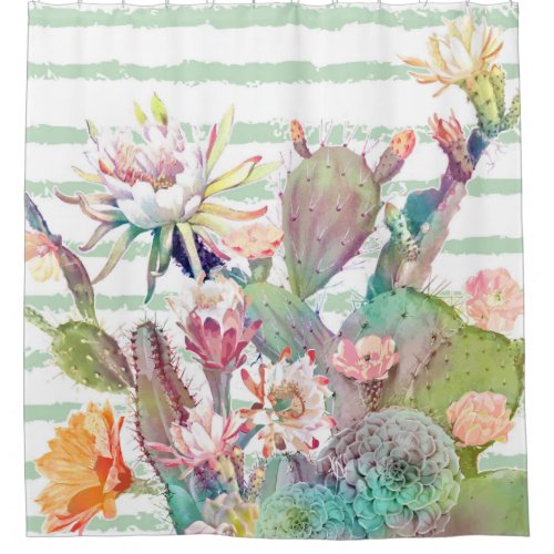 Watercolor Cactus Floral Stripes Design Shower Curtain