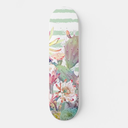 Watercolor Cactus Floral Stripes Design Skateboard Deck