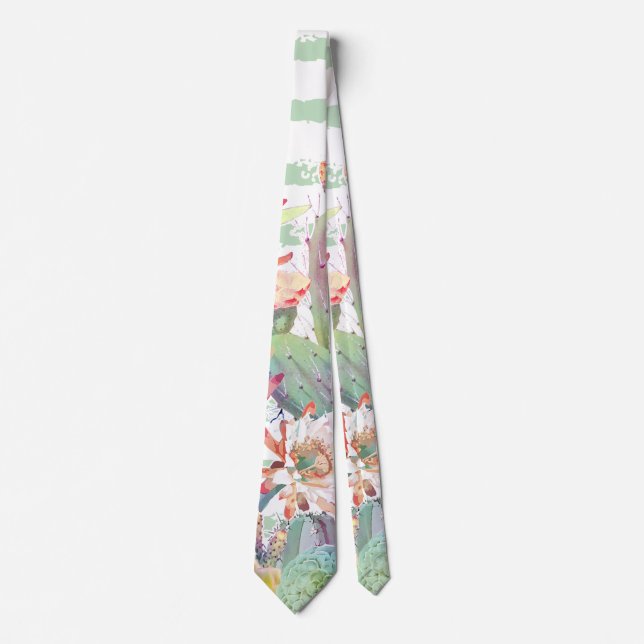 Watercolor Cactus Floral Stripes Design Tie (Front)