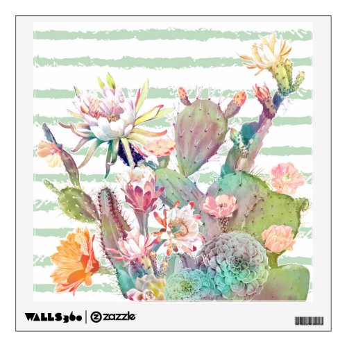 Watercolor Cactus Floral Stripes Design Wall Decal